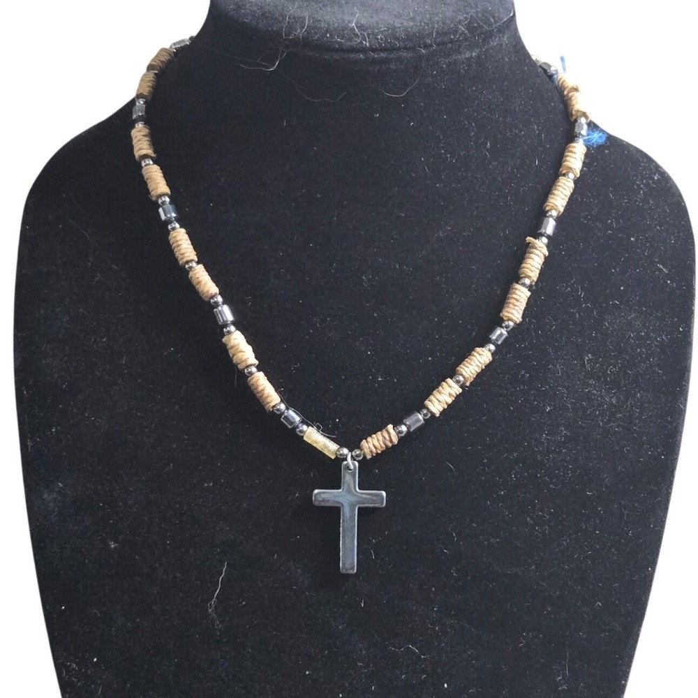 Cross Pendant Beaded Necklace Hematite Tone Wood Cord Religious Jewelry Unisex